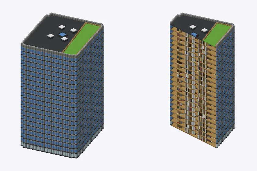 Exterior and cutaway of COREDO室町1 (室町東三井ビルディング)