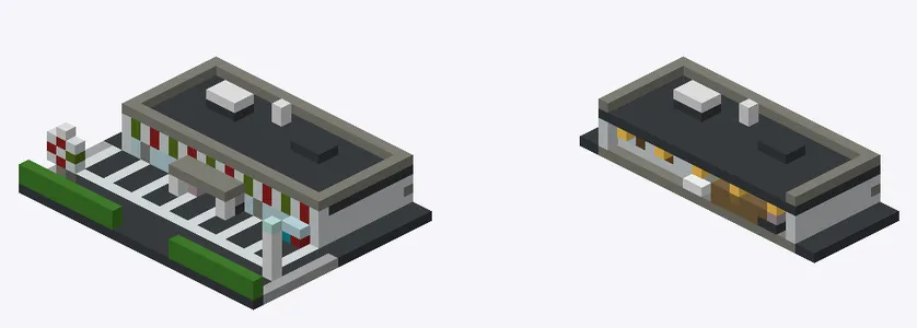 Exterior and cutaway of Roadside konbini with parking