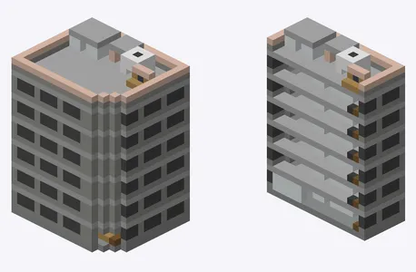 Exterior and cutaway of 1980s tiled office building in Kanda