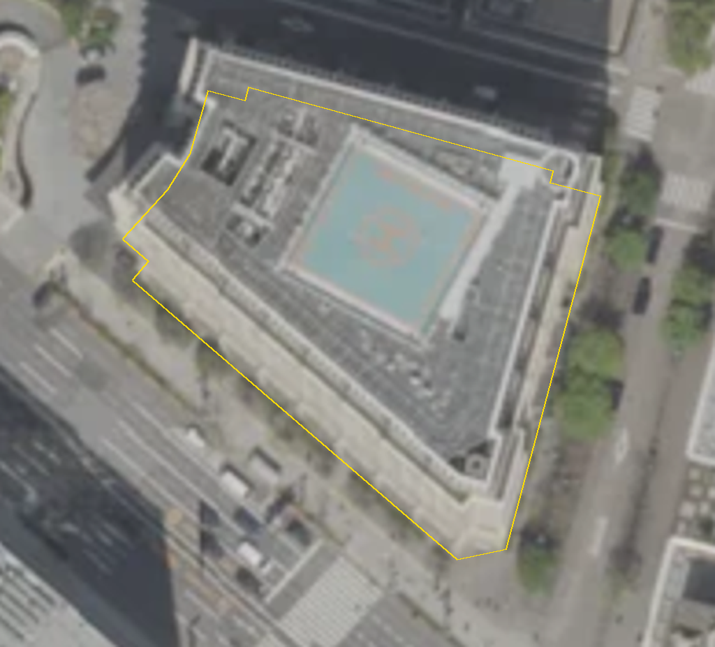 Aerial reference image of the Peninsula Tokyo with its building footprint marked