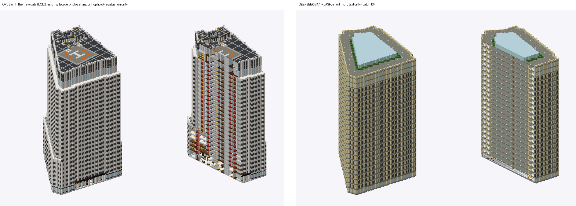 Peninsula Tokyo exterior and cutaway from Opus with survey and photographic references, beside a text-only DeepSeek build