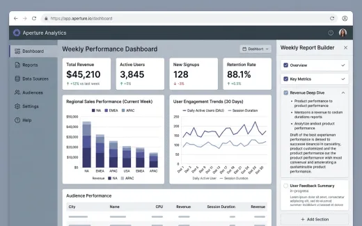 A dashboard of charts and KPI tiles with a weekly report being assembled in a side panel.
