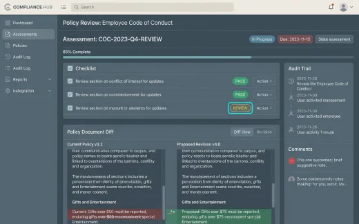 A policy checklist with pass and review chips, a changed clause highlighted in a document diff.