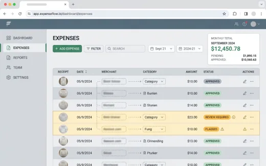 An expense table matching receipts to rows, two flagged for review, the month's total on a card.