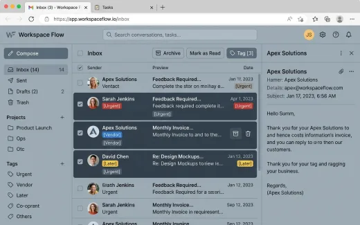 A mail client mid-triage: three messages selected, labels applied, a toast confirming they were filed.