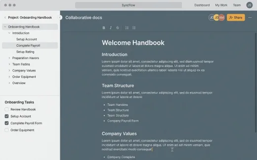 A handbook page mid-write beside an onboarding checklist with the first items ticked.