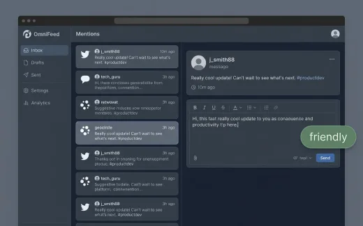 A dark social inbox of mentions with a reply being typed under a friendly tone chip.