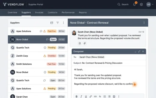 Vendor email threads with due-date chips, a short follow-up reply drafted in the open one.