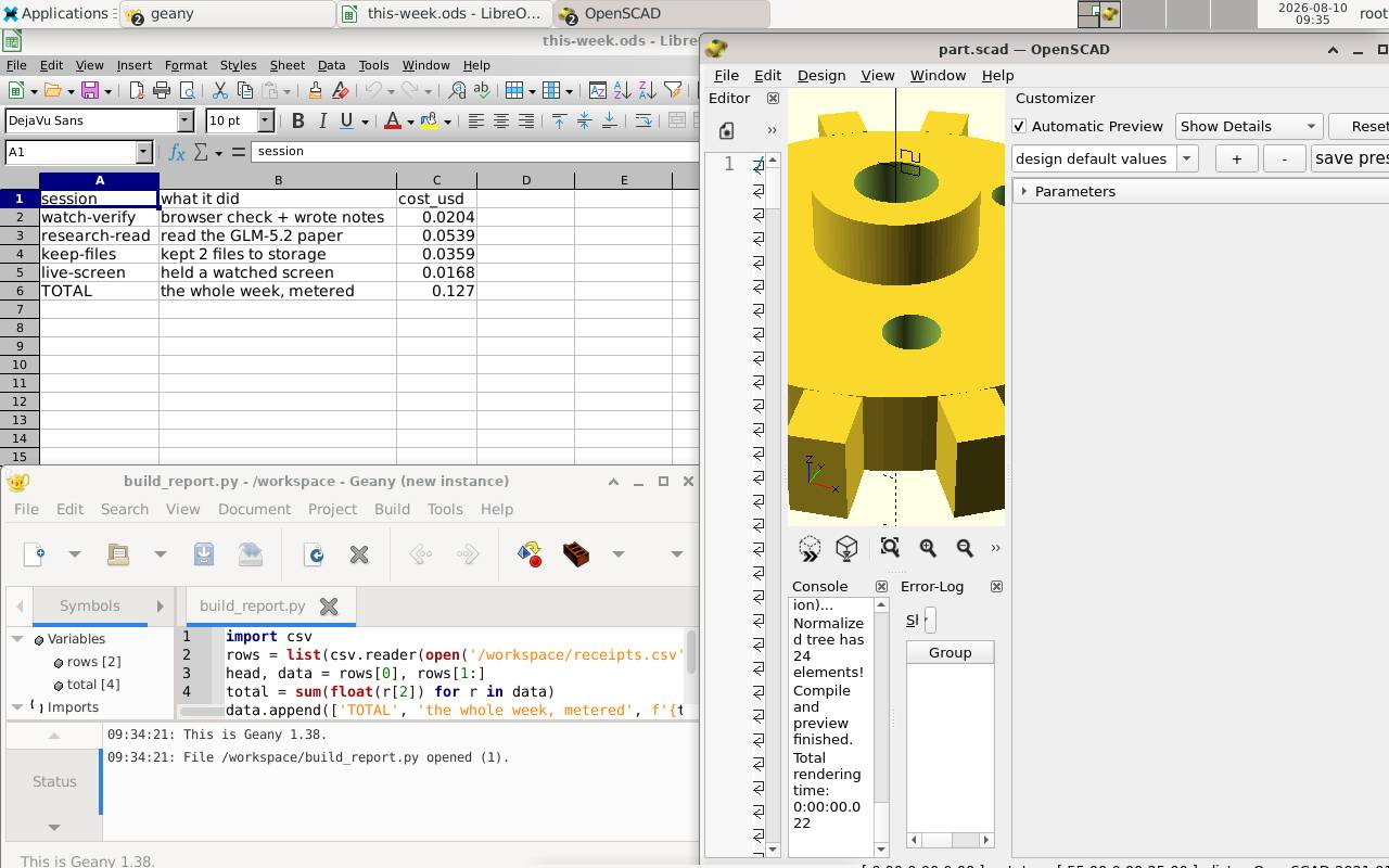 A Friday's desktop, captured live: this week's session receipts open in a spreadsheet, the Python that wrote them in an editor below, and a 3D gear the session modeled from code rendering in a CAD viewport on the right.
